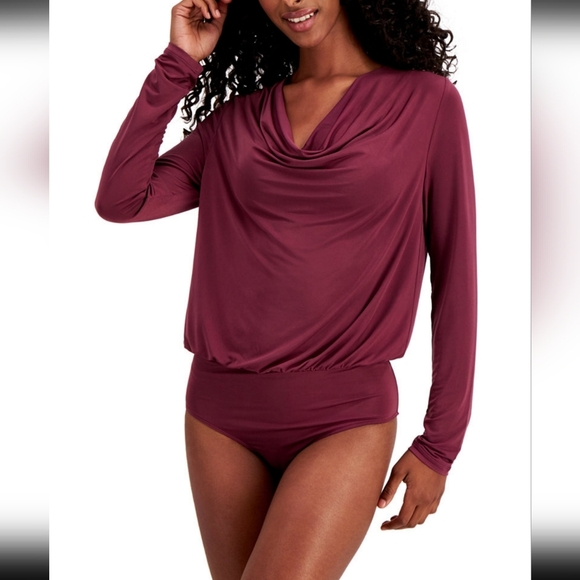 Leyden, Longsleeve Cowlneck Bodysuit, Wine, Size Medium - Picture 1 of 7